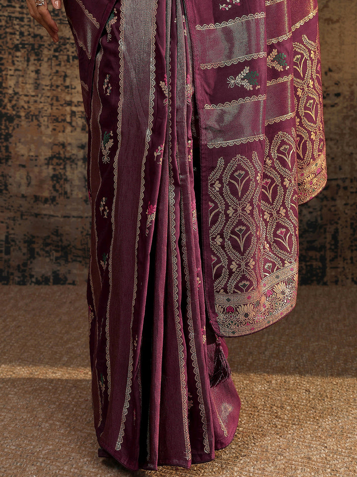 Burgundy Woven Design Silk Blend Saree With Unstitched Blouse Piece