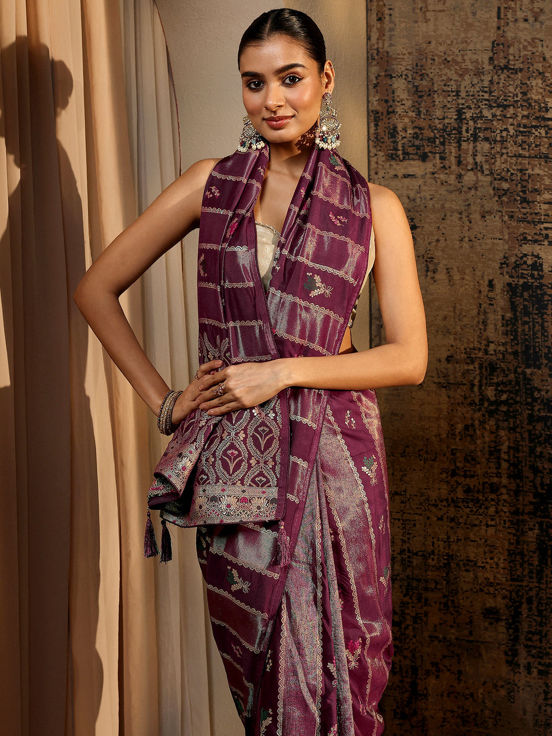 Burgundy Woven Design Silk Blend Saree With Unstitched Blouse Piece