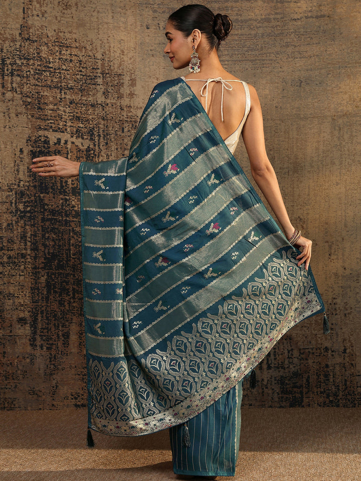 Teal Woven Design Silk Blend Saree With Unstitched Blouse Piece