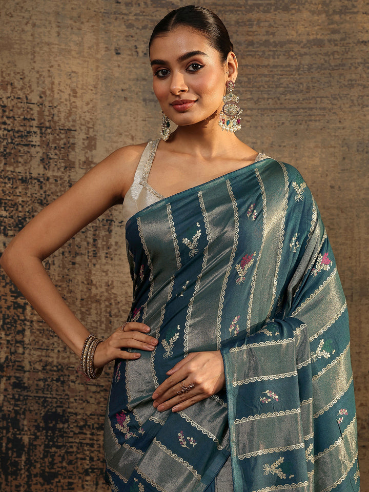 Teal Woven Design Silk Blend Saree With Unstitched Blouse Piece
