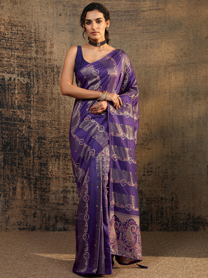 Purple Woven Design Silk Blend Saree With Unstitched Blouse Piece