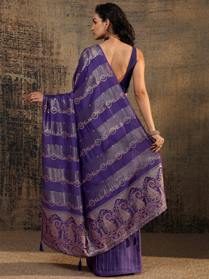 Purple Woven Design Silk Blend Saree With Unstitched Blouse Piece
