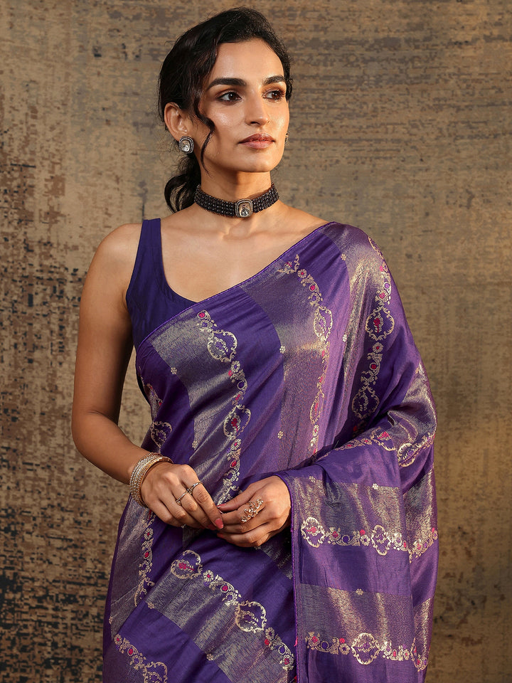 Purple Woven Design Silk Blend Saree With Unstitched Blouse Piece