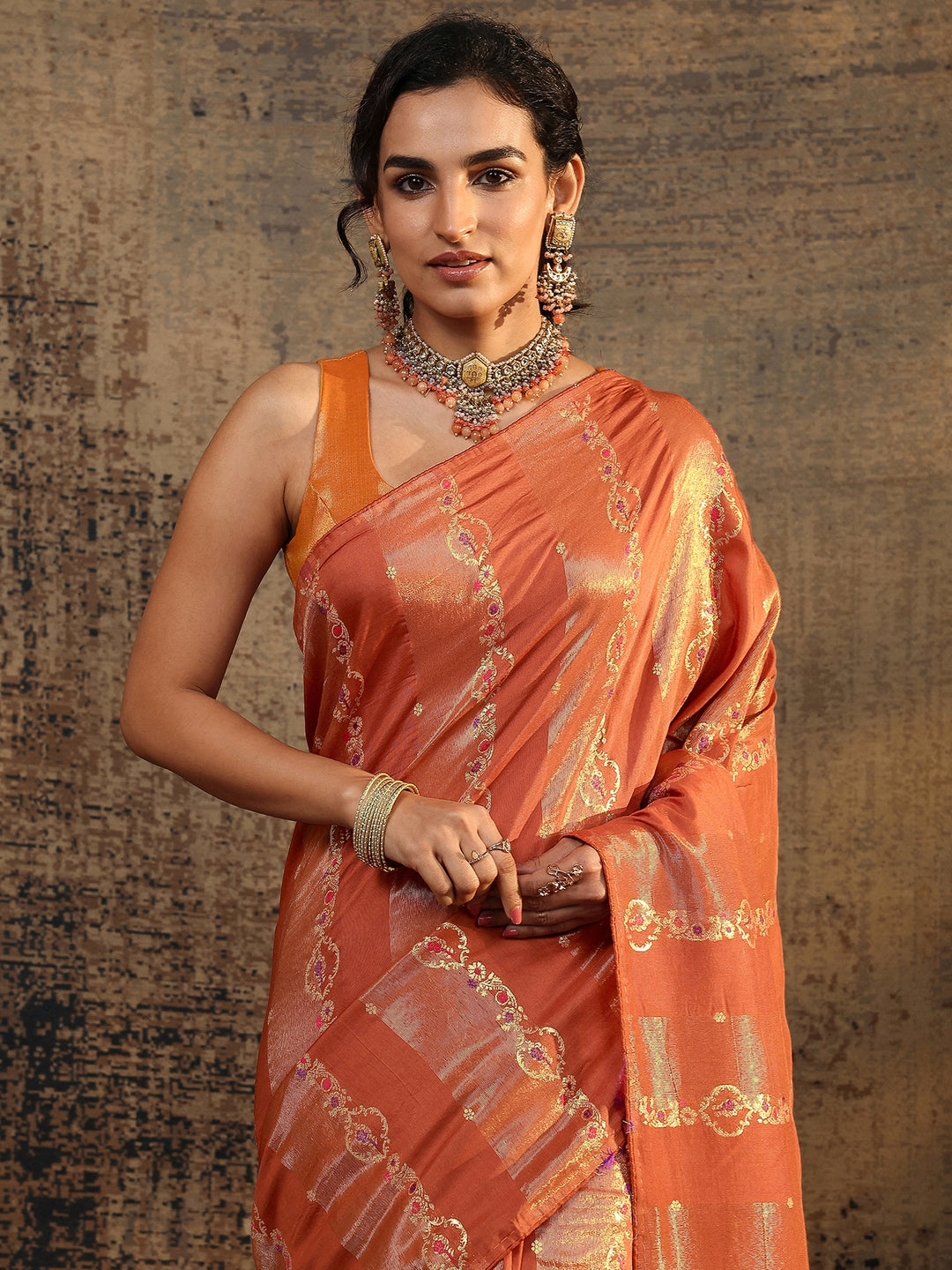 Rust Woven Design Silk Blend Saree With Unstitched Blouse Piece