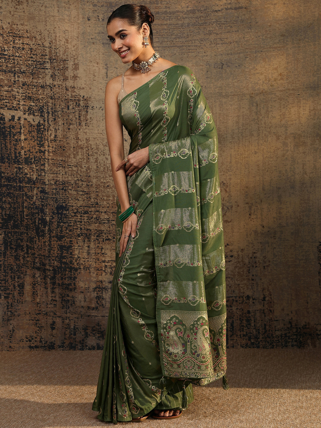 Olive Woven Design Silk Blend Saree With Unstitched Blouse Piece