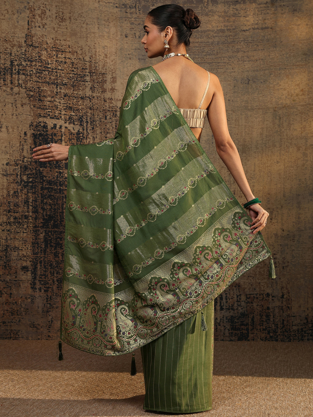 Olive Woven Design Silk Blend Saree With Unstitched Blouse Piece