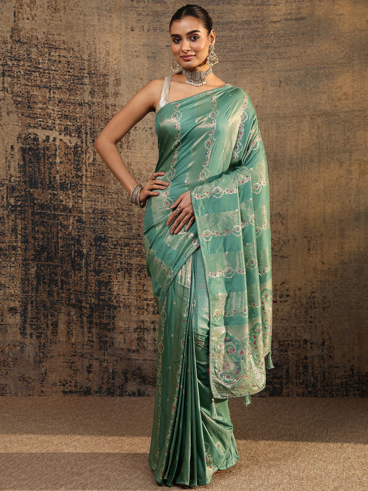 Sea Green Woven Design Silk Blend Saree With Unstitched Blouse Piece