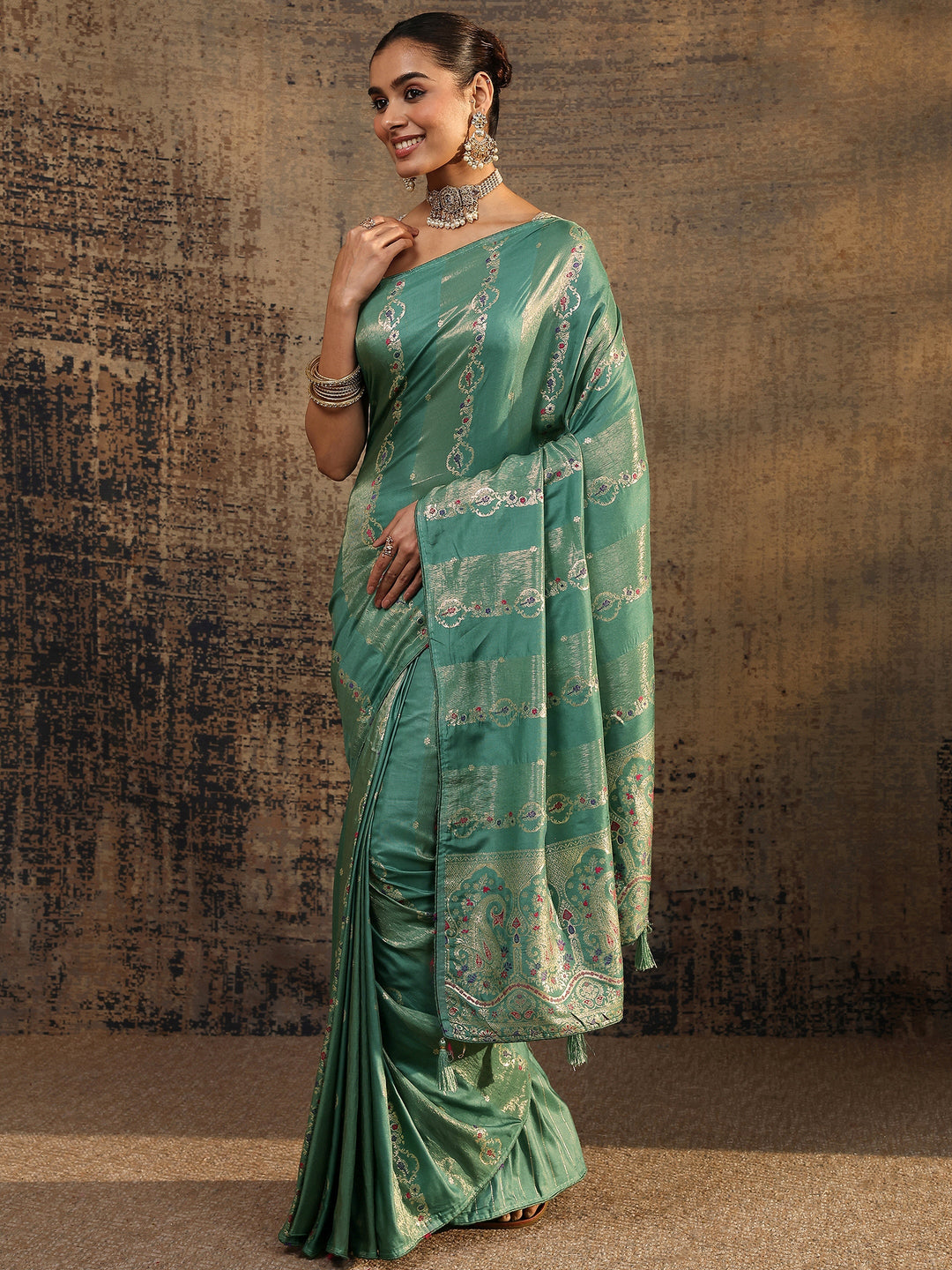 Sea Green Woven Design Silk Blend Saree With Unstitched Blouse Piece