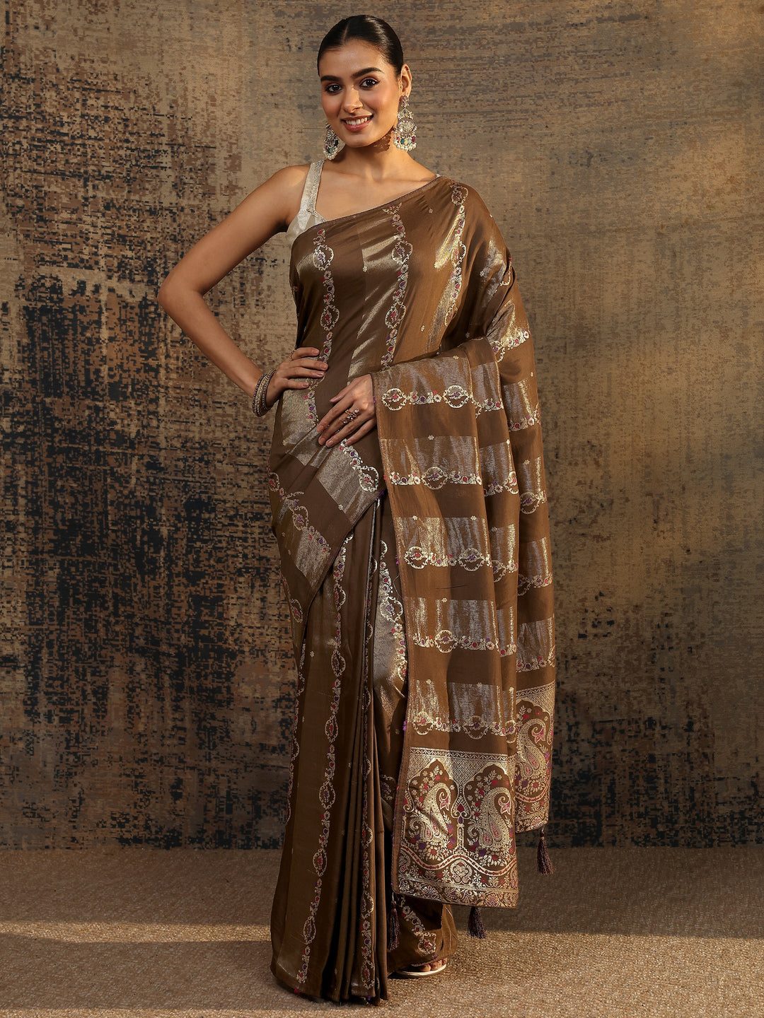 Brown Woven Design Silk Blend Saree With Unstitched Blouse Piece