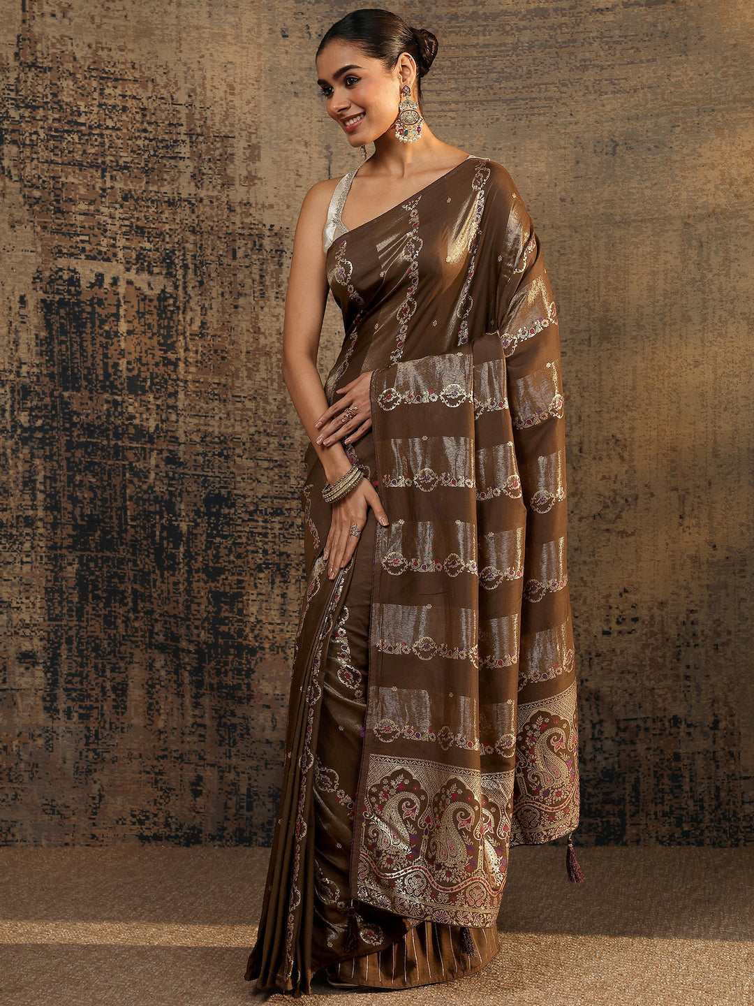 Brown Woven Design Silk Blend Saree With Unstitched Blouse Piece