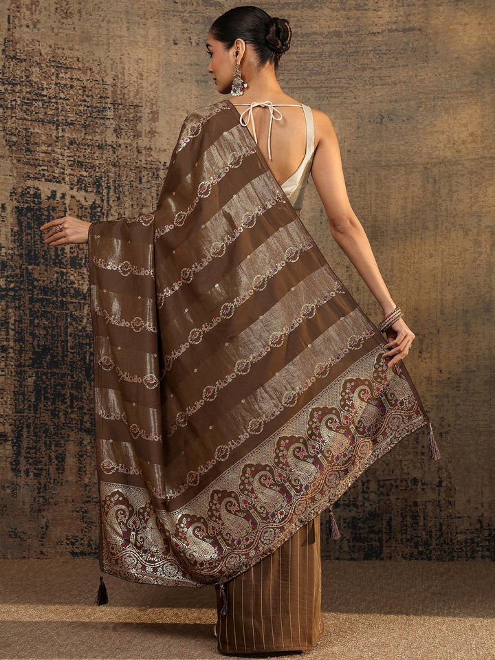 Brown Woven Design Silk Blend Saree With Unstitched Blouse Piece