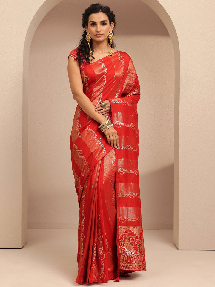 Red Woven Design Silk Blend Banarasi Saree With Unstitched Blouse Piece