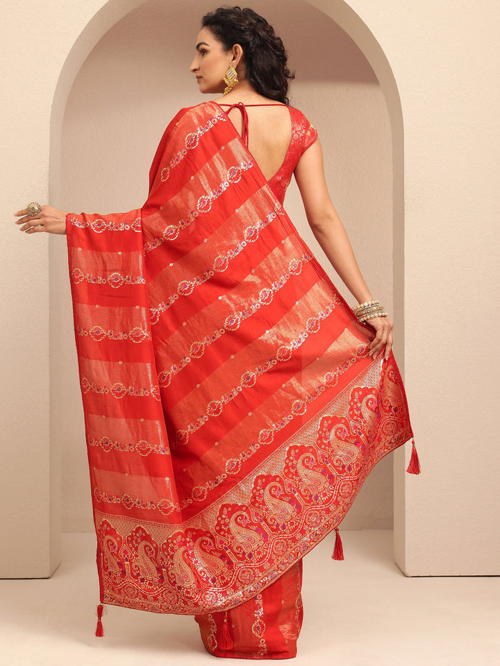 Red Woven Design Silk Blend Banarasi Saree With Unstitched Blouse Piece
