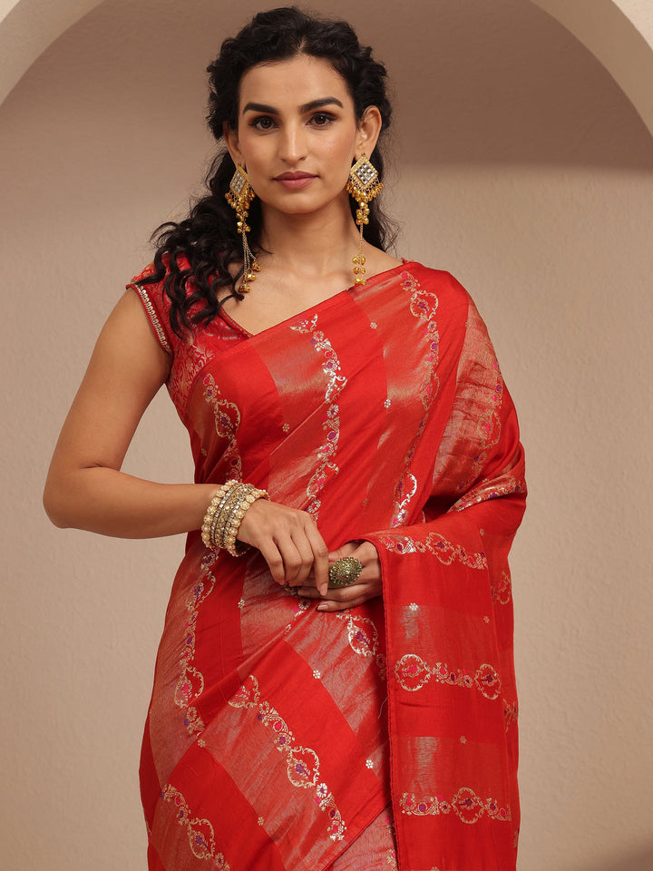 Red Woven Design Silk Blend Banarasi Saree With Unstitched Blouse Piece