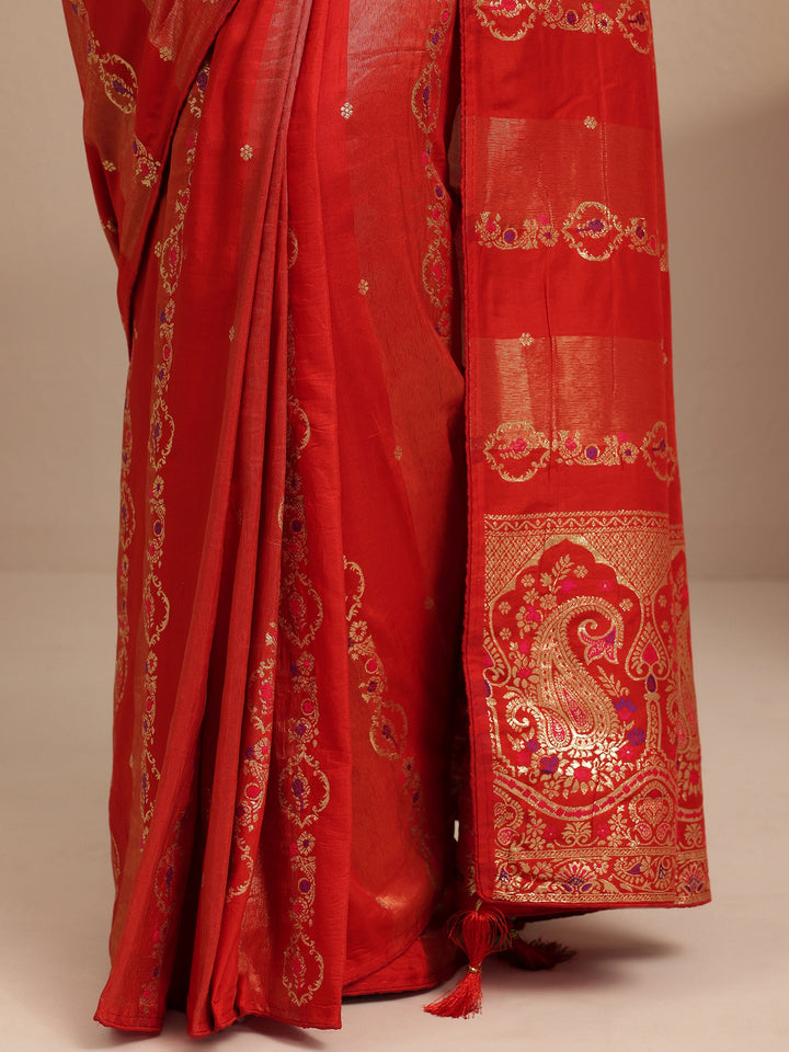 Red Woven Design Silk Blend Banarasi Saree With Unstitched Blouse Piece