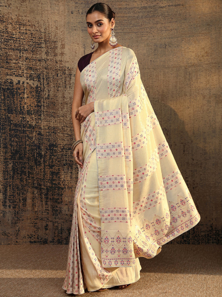 Cream Woven Design Silk Blend Saree With Unstitched Blouse Piece