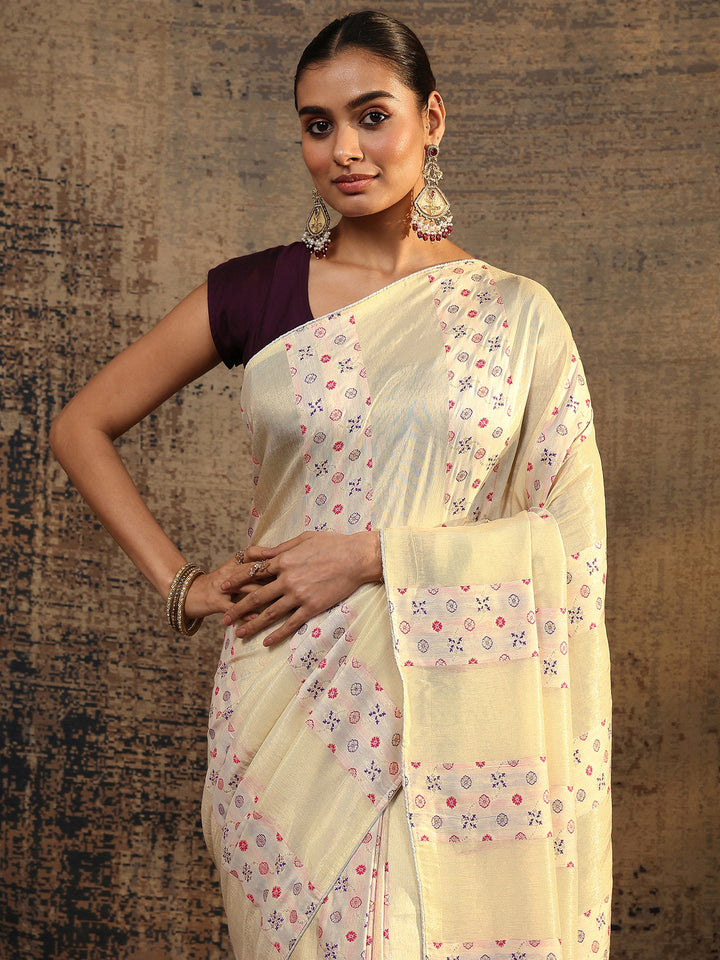 Cream Woven Design Silk Blend Saree With Unstitched Blouse Piece