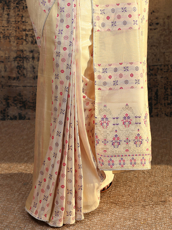 Cream Woven Design Silk Blend Saree With Unstitched Blouse Piece