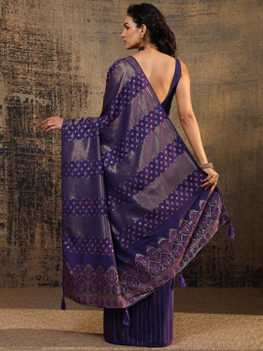 Purple Woven Design Silk Blend Banarasi Saree With Unstitched Blouse Piece