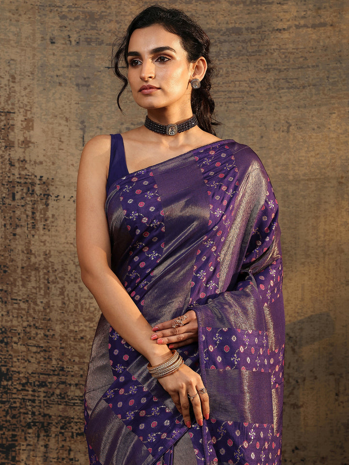Purple Woven Design Silk Blend Banarasi Saree With Unstitched Blouse Piece