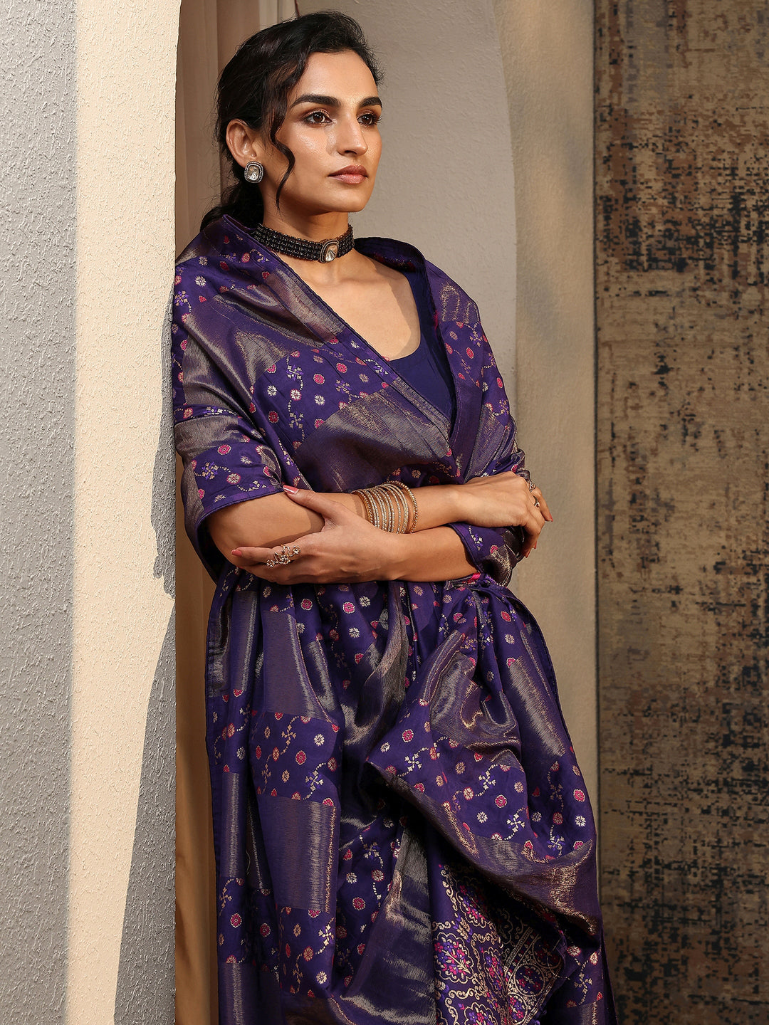 Purple Woven Design Silk Blend Banarasi Saree With Unstitched Blouse Piece