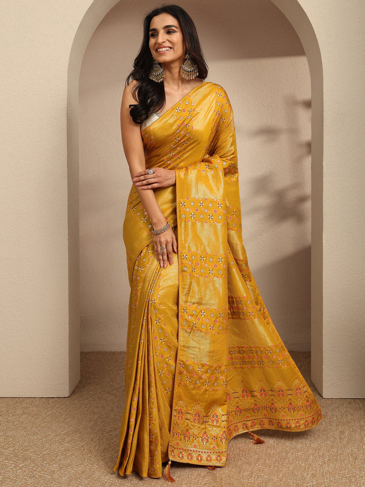 Mustard Woven Design Silk Blend Saree With Unstitched Blouse Piece
