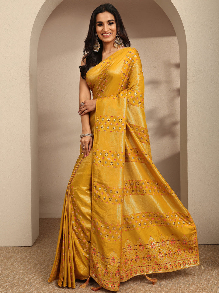 Mustard Woven Design Silk Blend Saree With Unstitched Blouse Piece