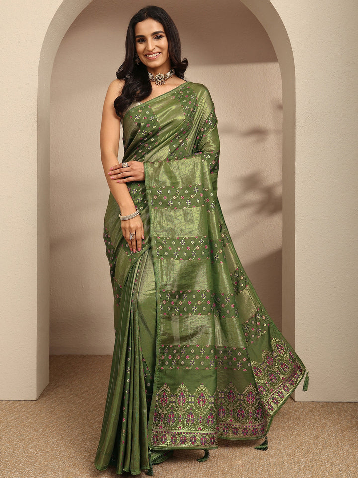 Green Woven Design Silk Blend Saree With Unstitched Blouse Piece
