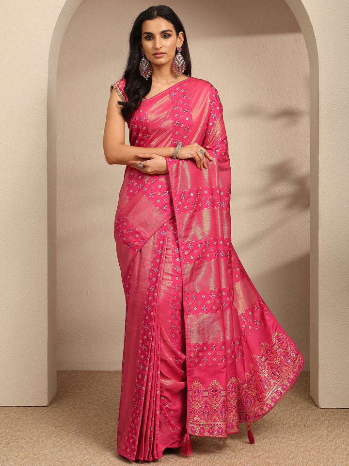 Pink Woven Design Silk Blend Saree With Unstitched Blouse Piece