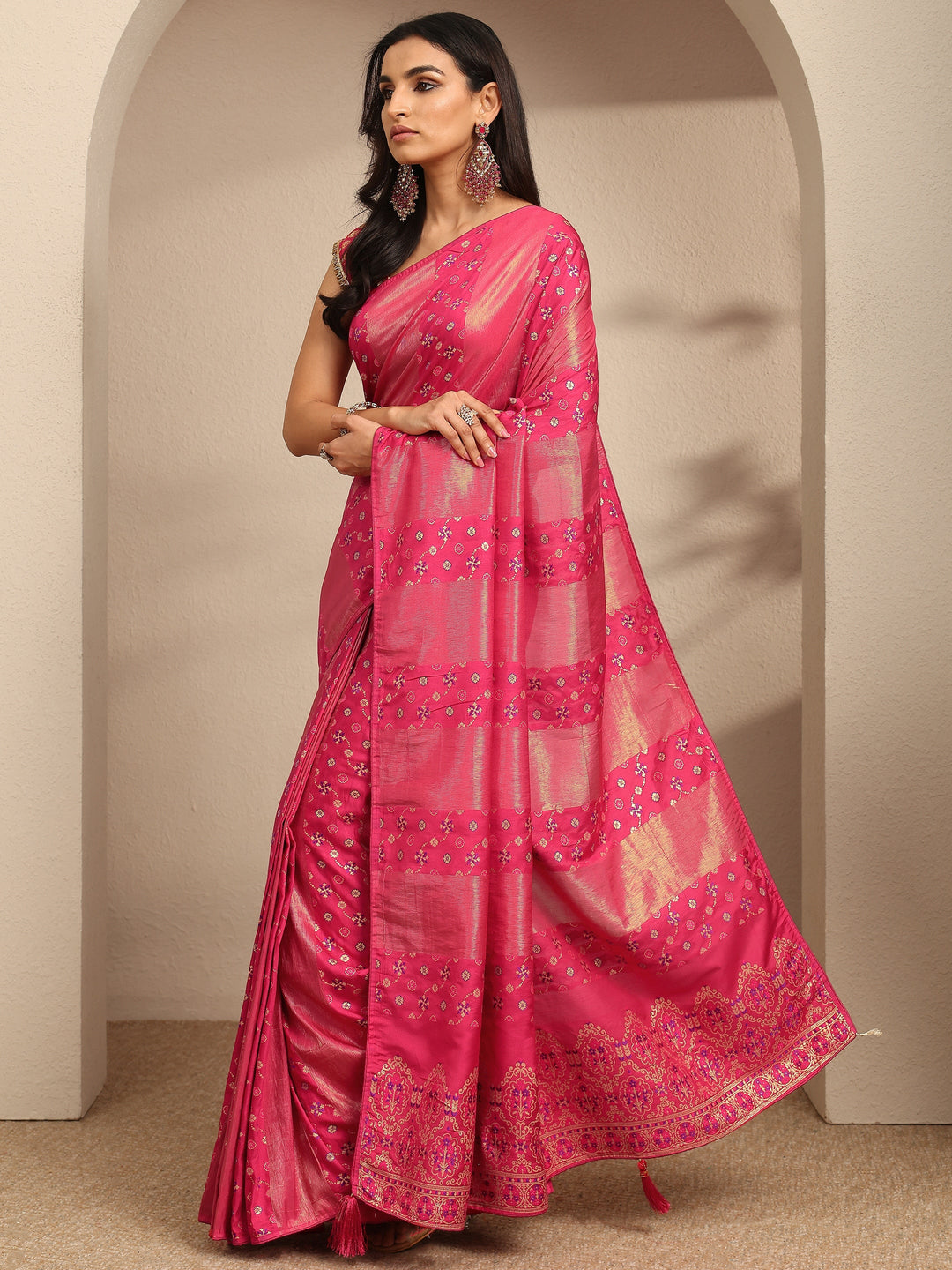 Pink Woven Design Silk Blend Saree With Unstitched Blouse Piece