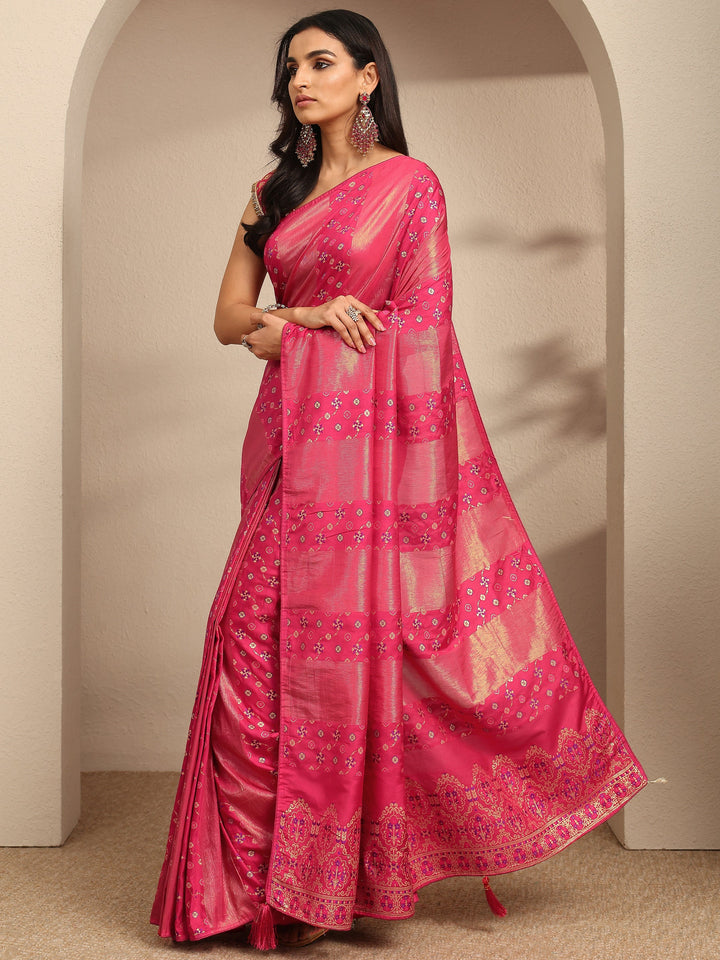 Pink Woven Design Silk Blend Saree With Unstitched Blouse Piece