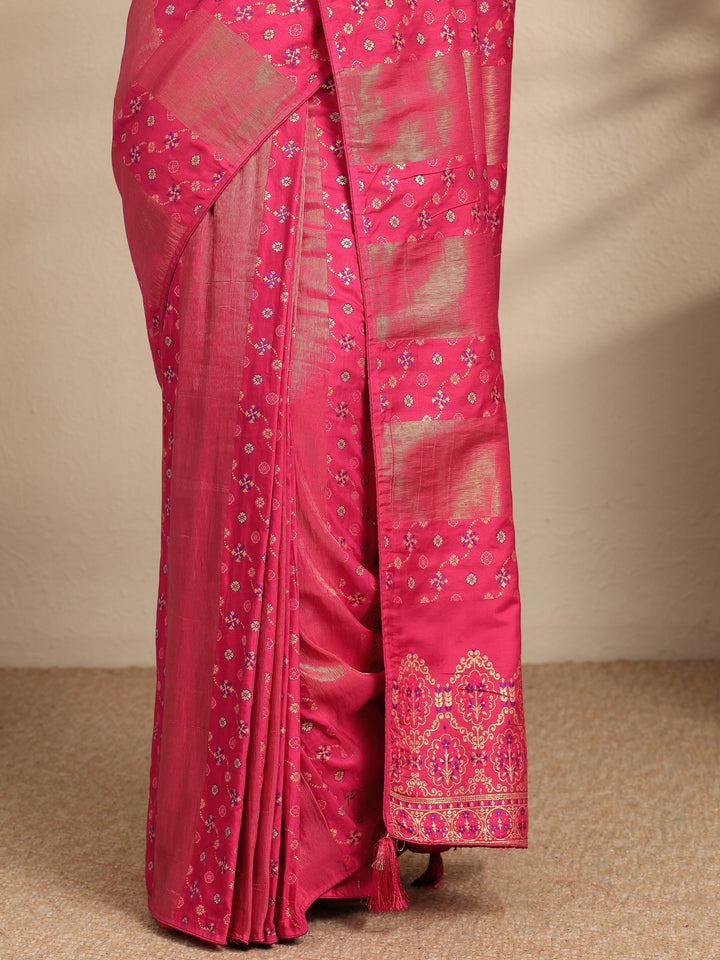 Pink Woven Design Silk Blend Saree With Unstitched Blouse Piece