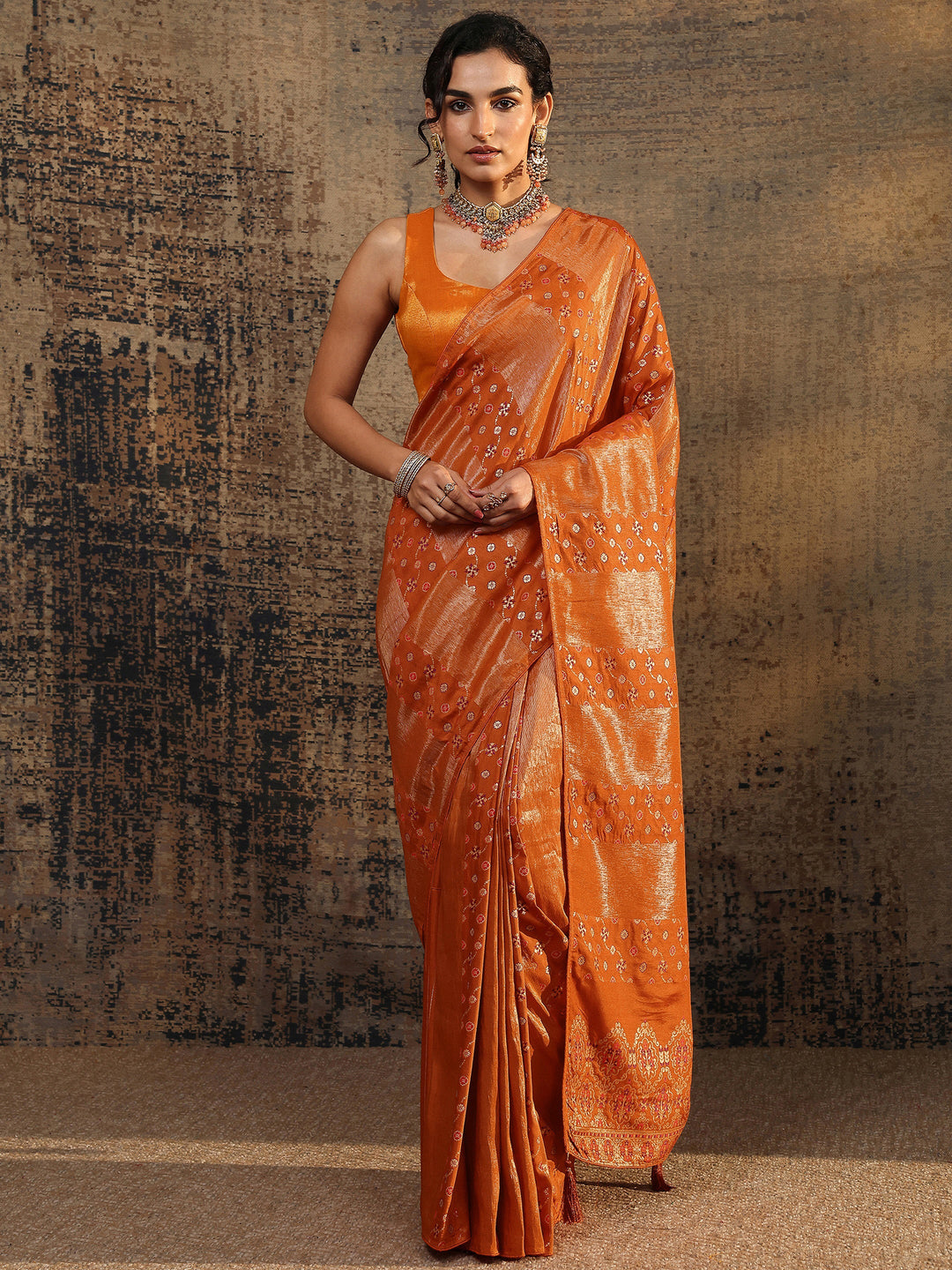 Orange Woven Design Silk Blend Saree With Unstitched Blouse Piece