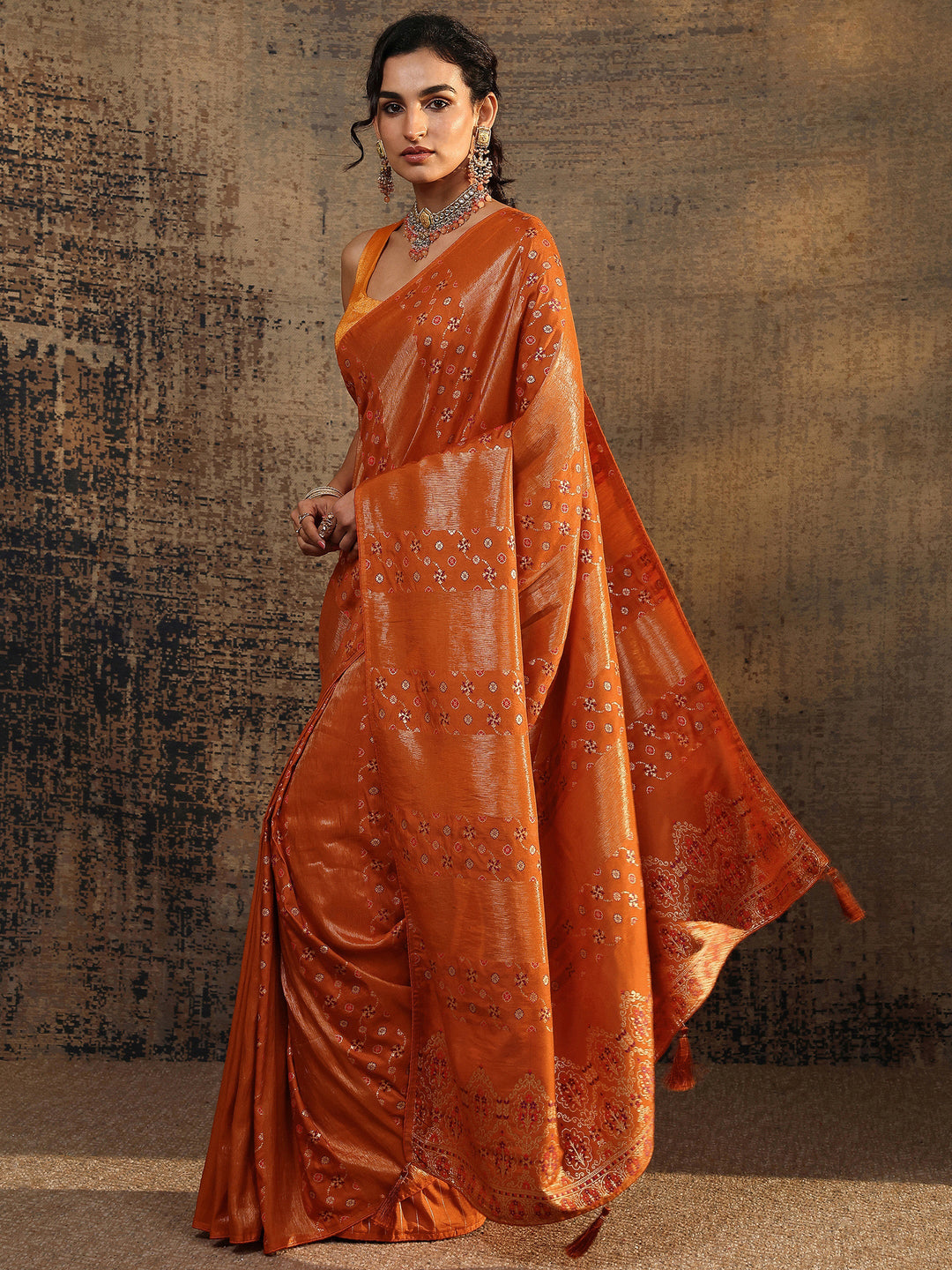 Orange Woven Design Silk Blend Saree With Unstitched Blouse Piece