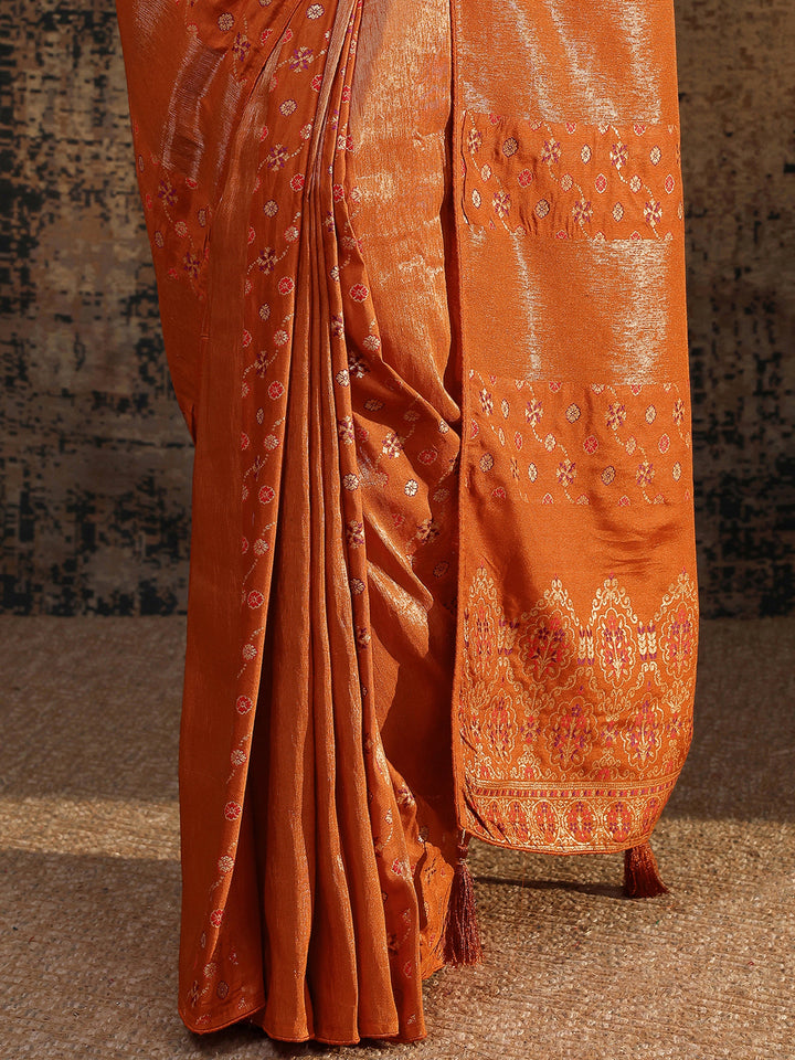 Orange Woven Design Silk Blend Saree With Unstitched Blouse Piece