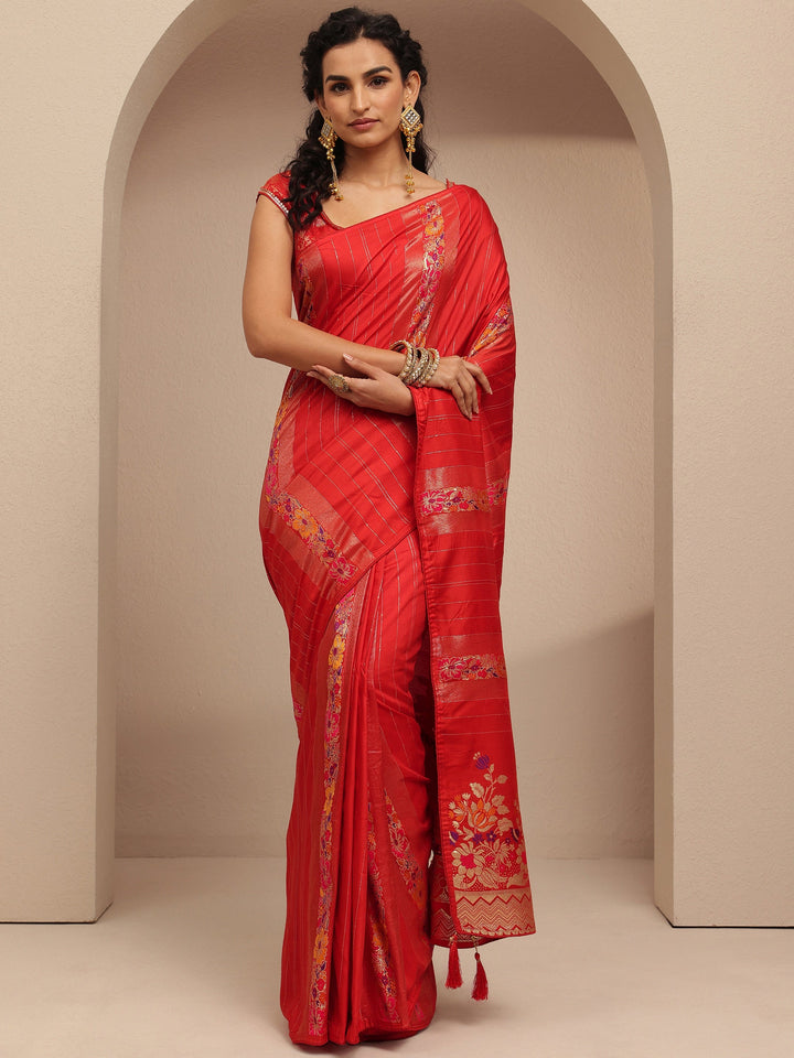 Red Woven Design Silk Blend Saree With Unstitched Blouse Piece