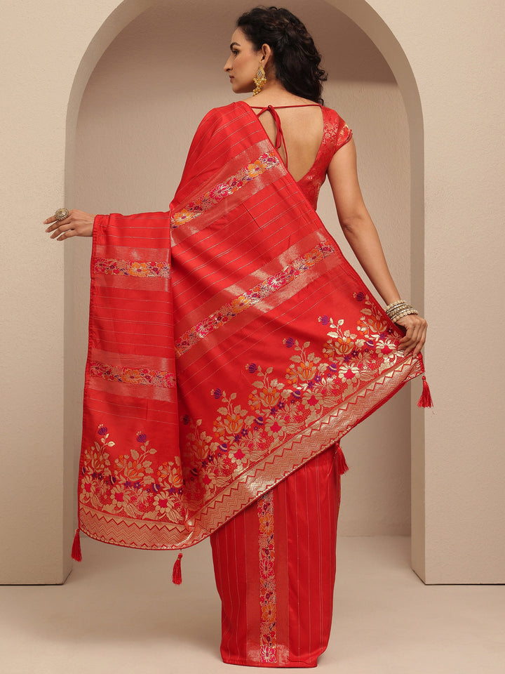 Red Woven Design Silk Blend Saree With Unstitched Blouse Piece