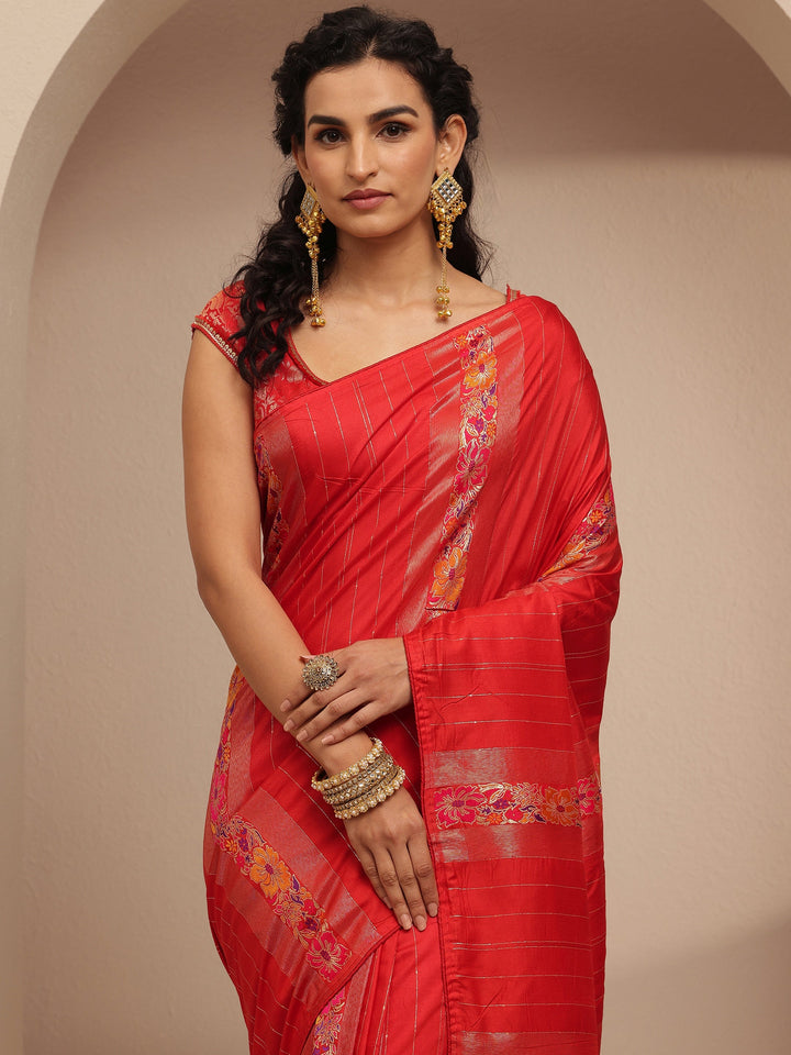 Red Woven Design Silk Blend Saree With Unstitched Blouse Piece