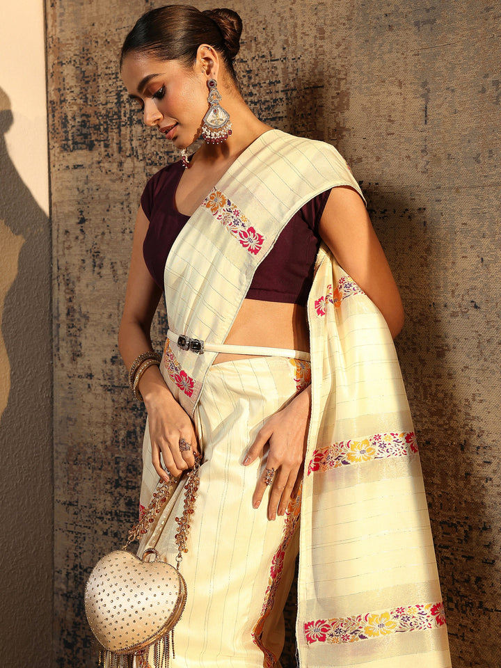 Off White Woven Design Silk Blend Saree With Unstitched Blouse Piece