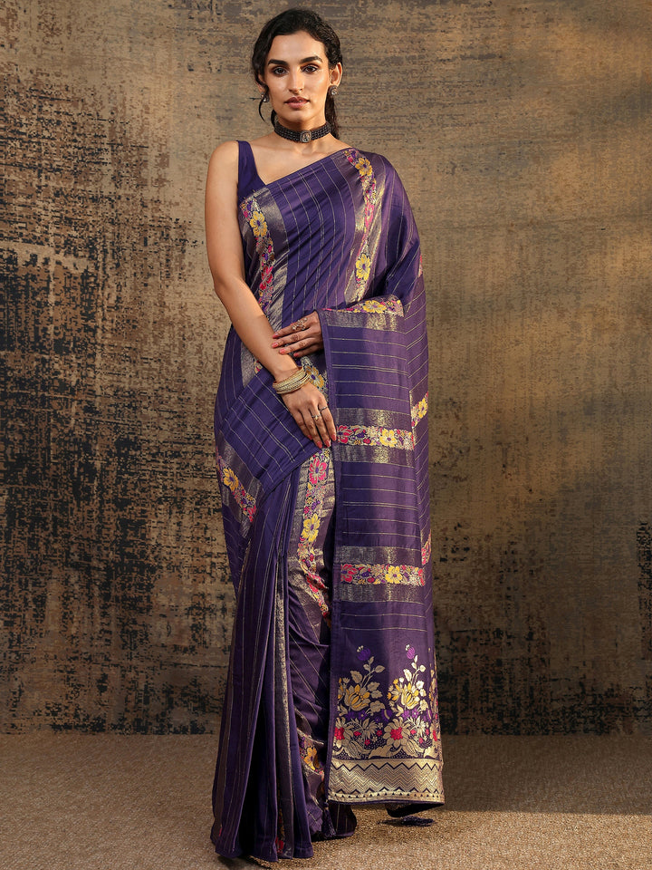 Purple Woven Design Silk Blend Saree With Unstitched Blouse Piece