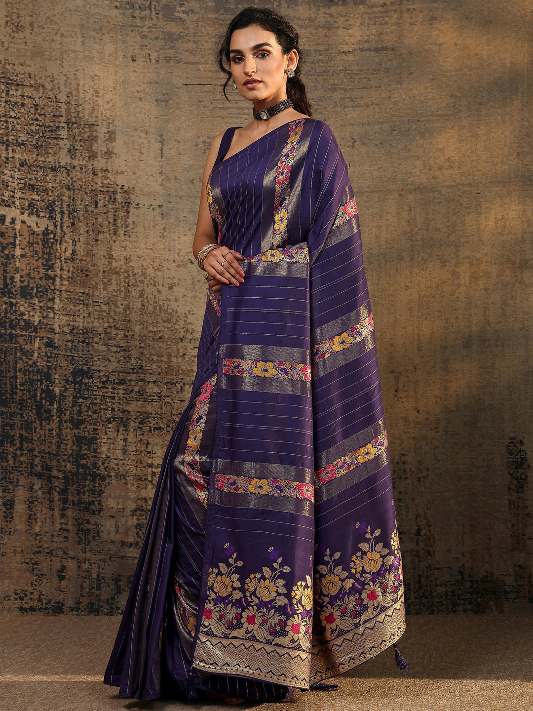 Purple Woven Design Silk Blend Saree With Unstitched Blouse Piece