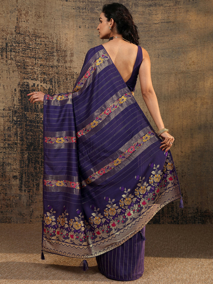 Purple Woven Design Silk Blend Saree With Unstitched Blouse Piece