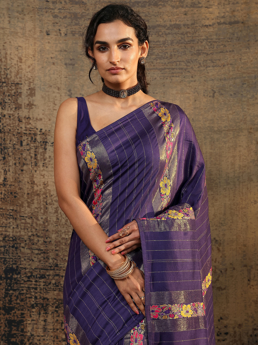 Purple Woven Design Silk Blend Saree With Unstitched Blouse Piece