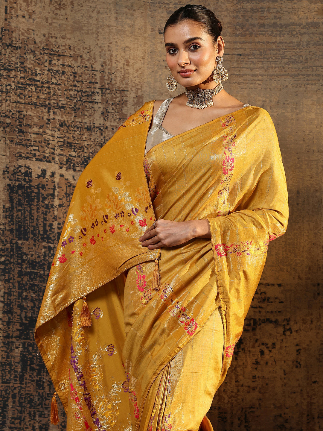 Yellow Woven Design Silk Blend Saree With Unstitched Blouse Piece