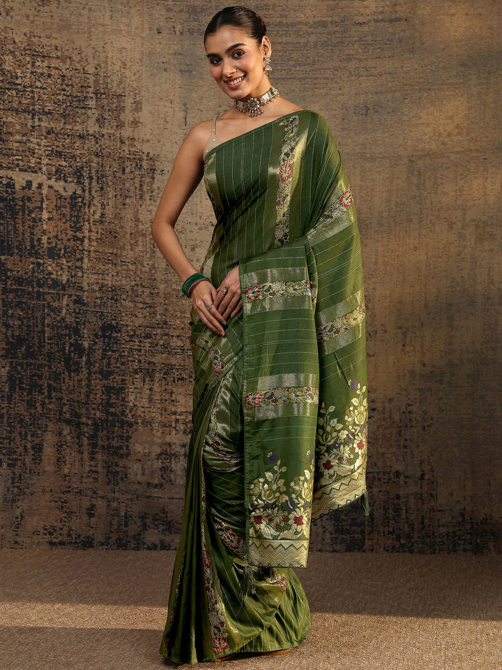 Green Woven Design Silk Blend Saree With Unstitched Blouse Piece