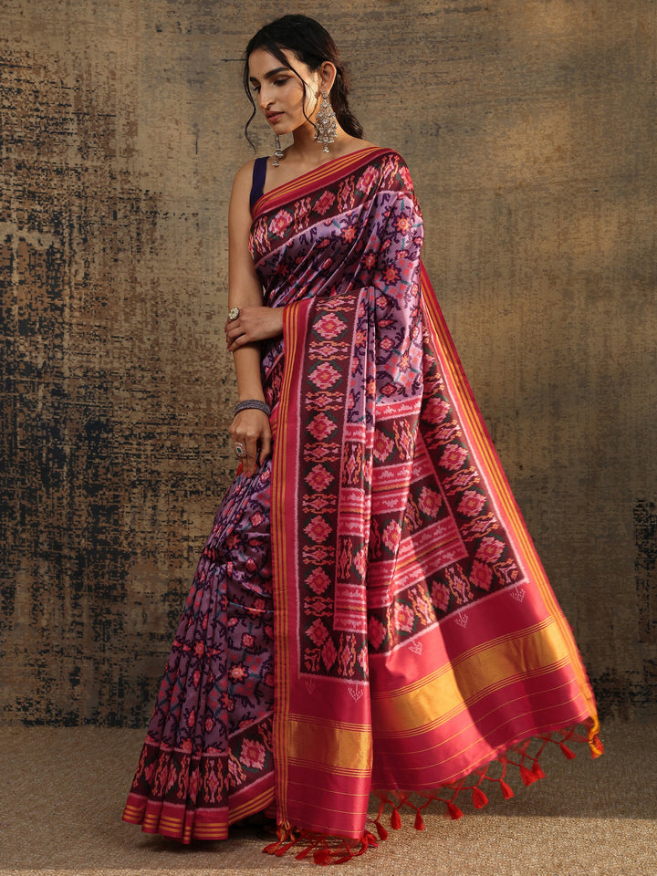 Lavender Abstract Printed Silk Saree With Unstitched Blouse Piece