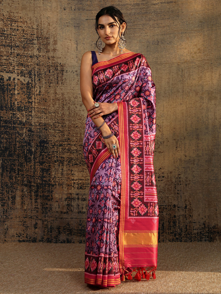 Lavender Abstract Printed Silk Saree With Unstitched Blouse Piece