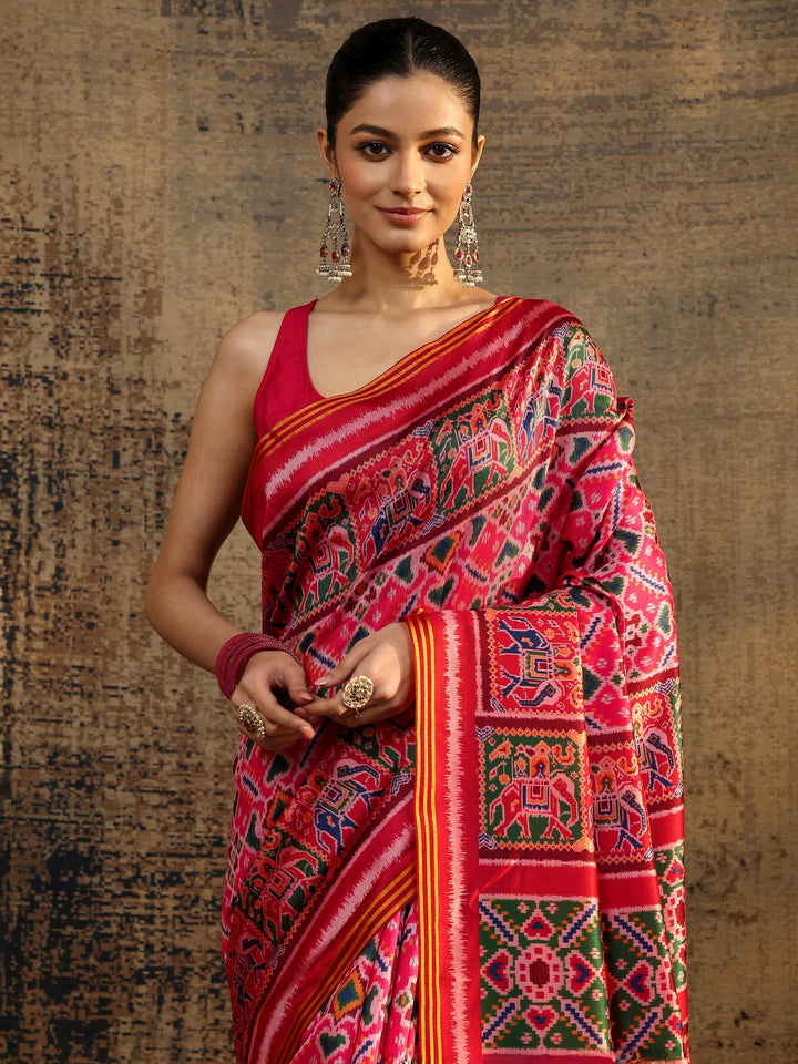 Pink Printed Silk Saree With Unstitched Blouse Piece