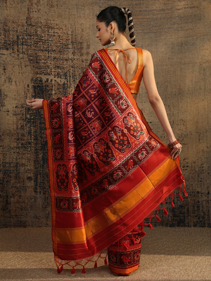 Multi Tribal Printed Silk Saree With Unstitched Blouse Piece