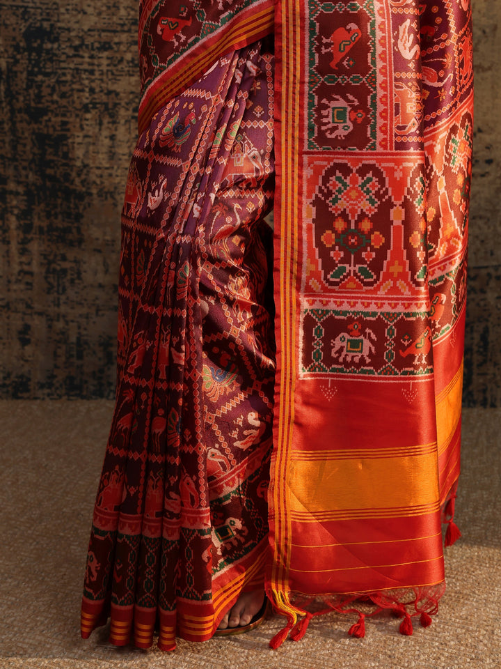 Multi Tribal Printed Silk Saree With Unstitched Blouse Piece